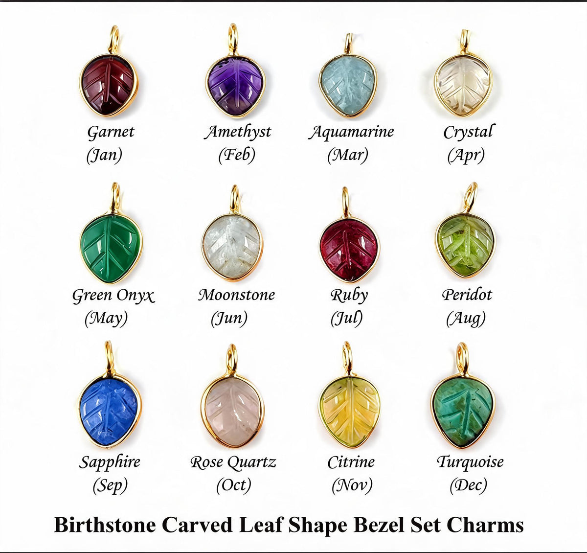 Birthstone Carved Leaf Shape Bezel Set Charms