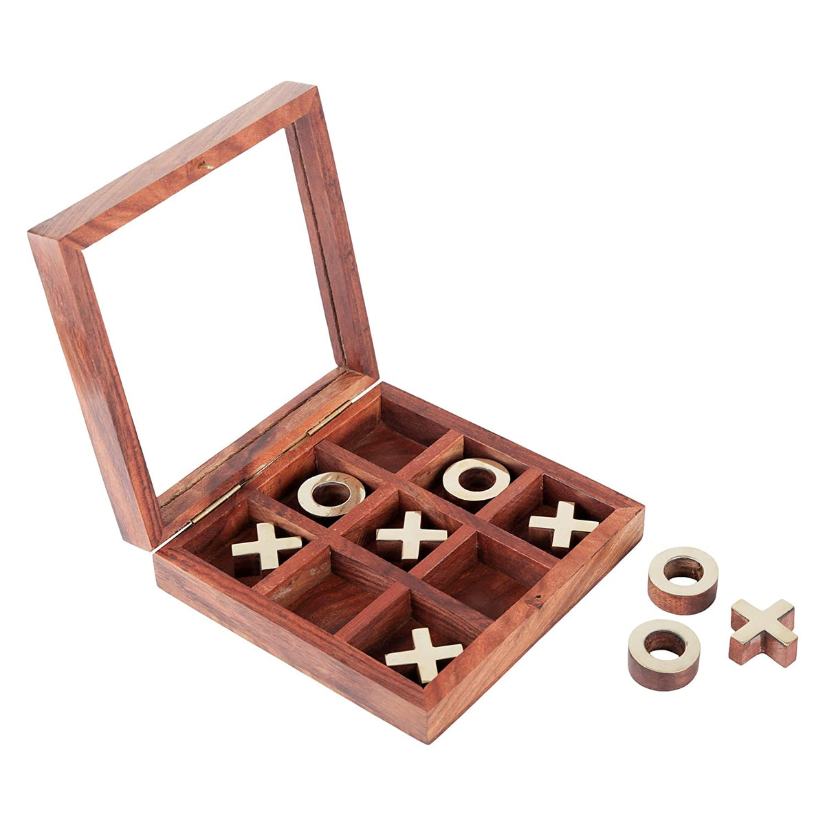 Tic tac Toe - Board Game Metal Naught & Crosses Storage Box with Glass Lid
