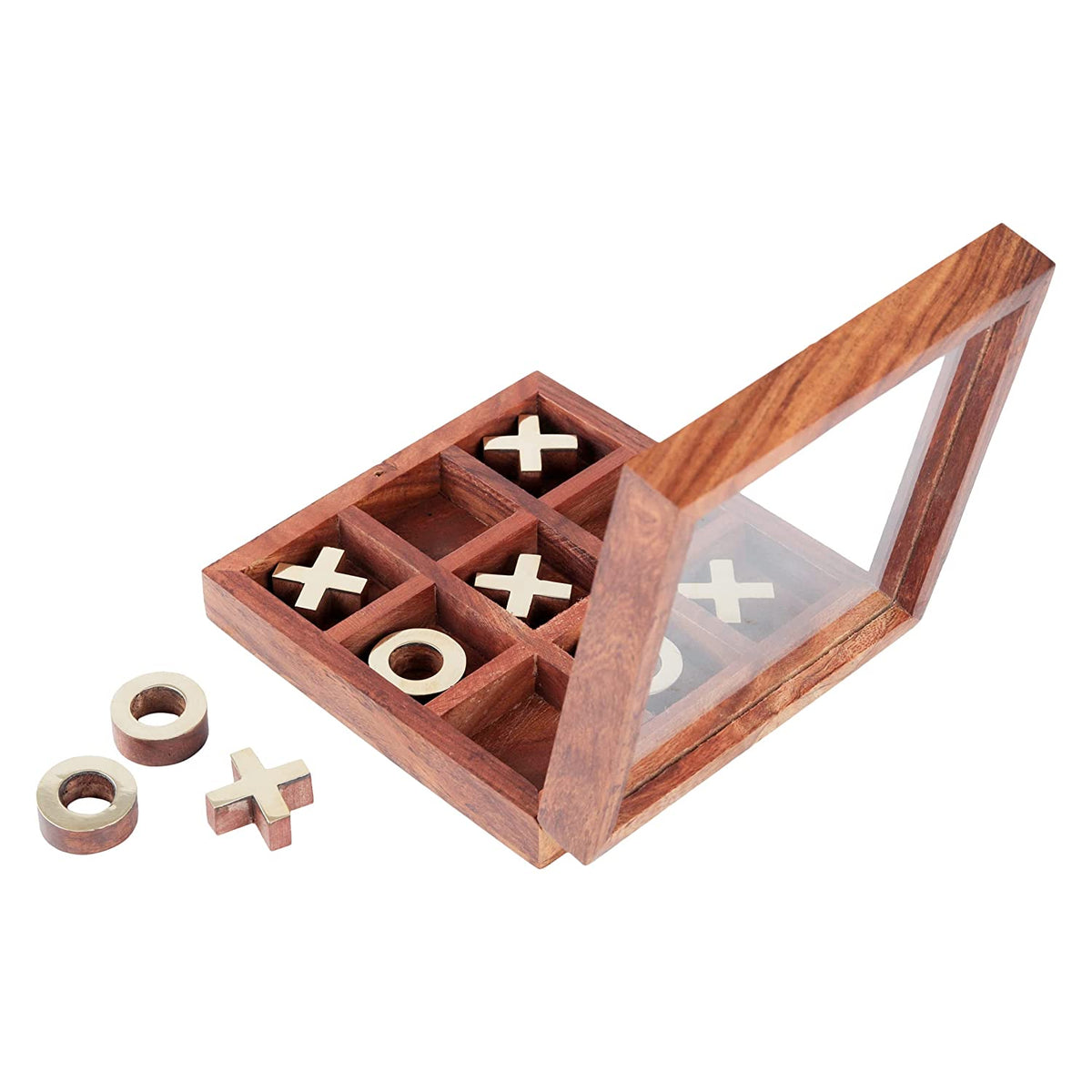 Tic tac Toe - Board Game Metal Naught & Crosses Storage Box with Glass Lid