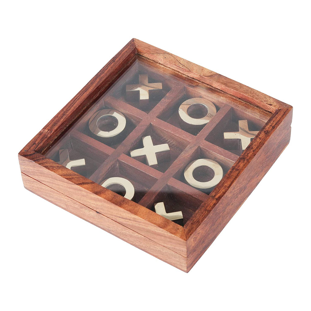 Tic tac Toe - Board Game Metal Naught & Crosses Storage Box with Glass Lid