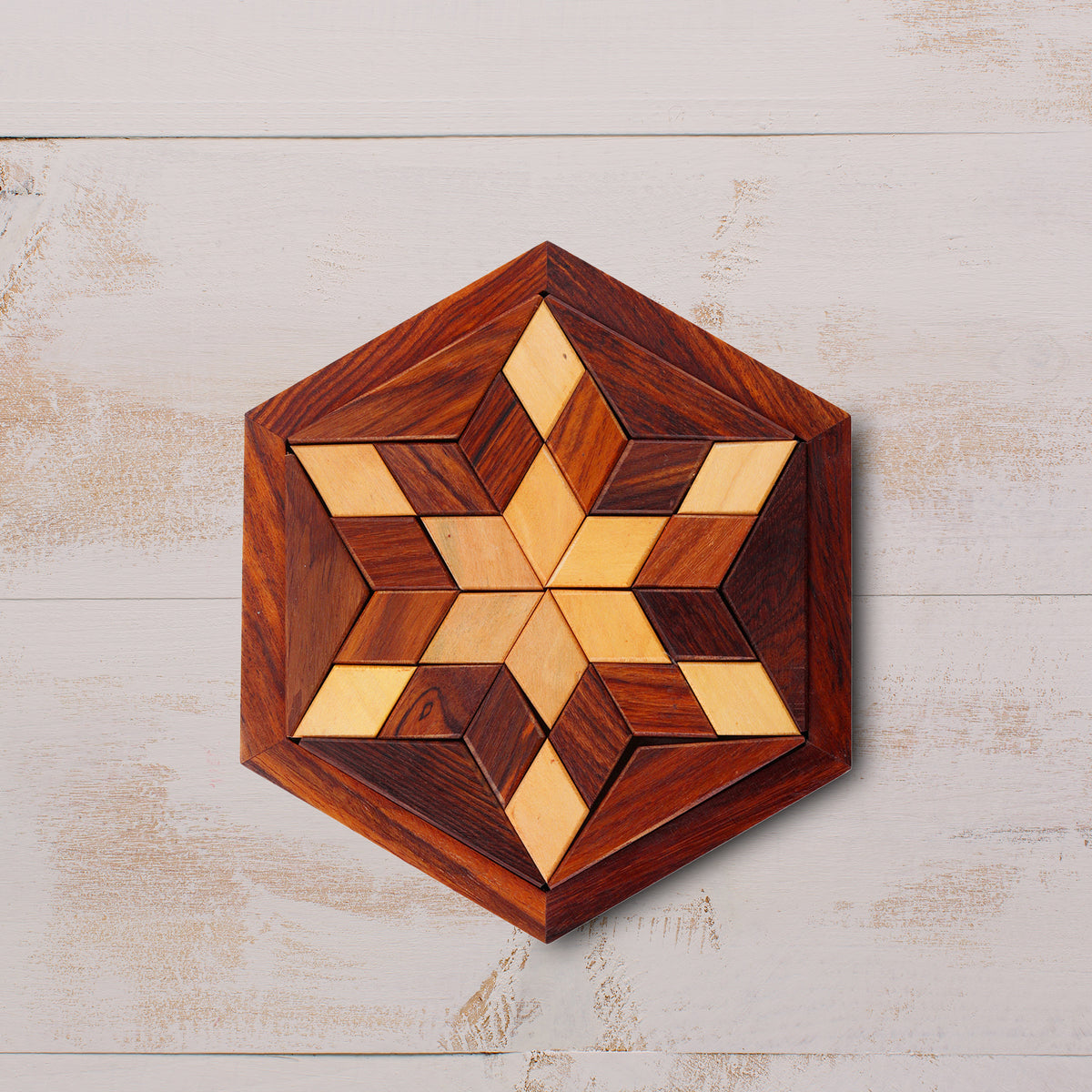Handmade Hexagonal Wood Tangram Puzzle Game / Star Jigsaw