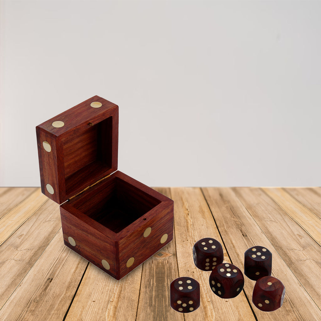Handcrafted Box and 5 Dice Set Paperweight Puzzles Wooden Toys and Games