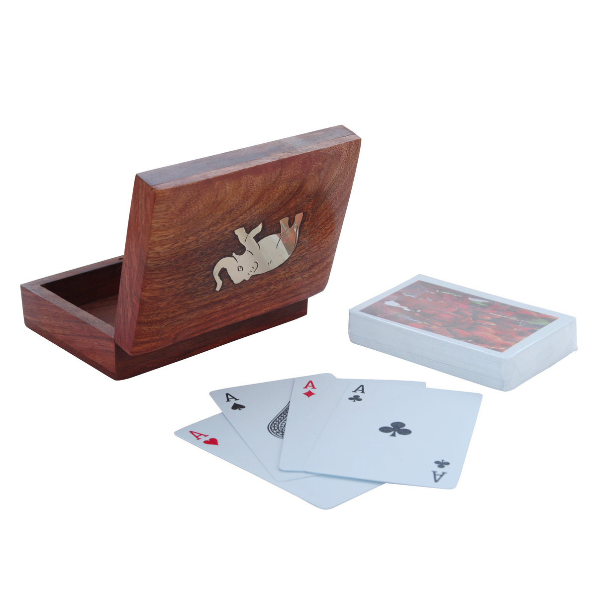 Playing Card Rosewood Deck Case Holder Box Elephant Design Free Cards
