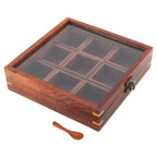 Sheesham Wooden Table Top Spice Box Masala Dabba Namak Dani with 9 Containers and Spoon with Glass Top