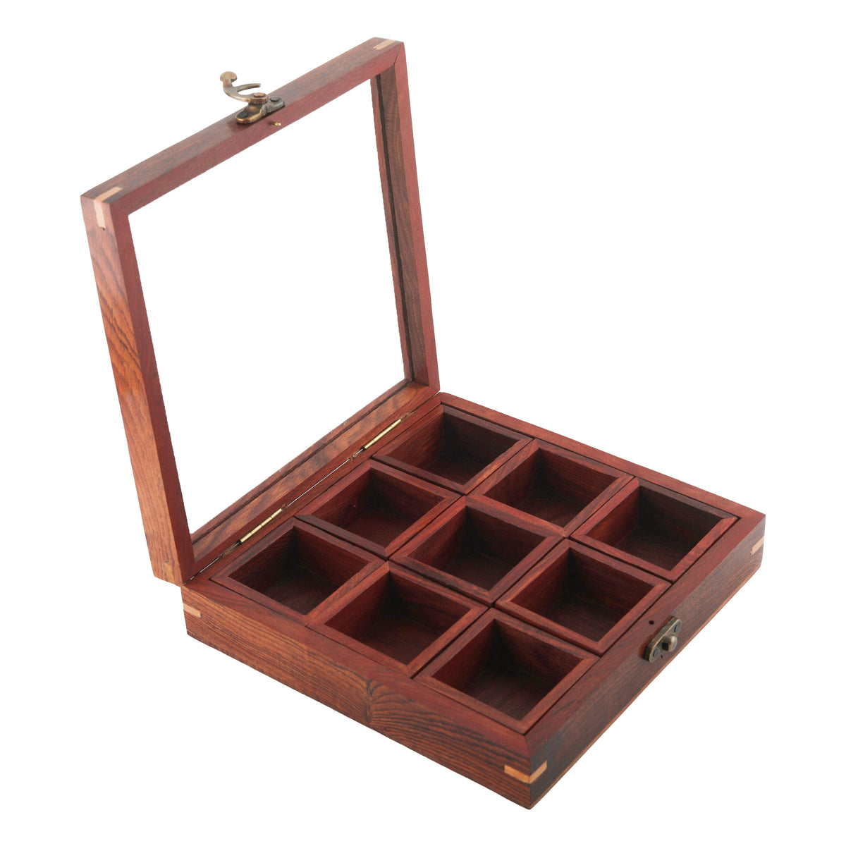 Sheesham Wooden Table Top Spice Box Masala Dabba Namak Dani with 9 Containers and Spoon with Glass Top