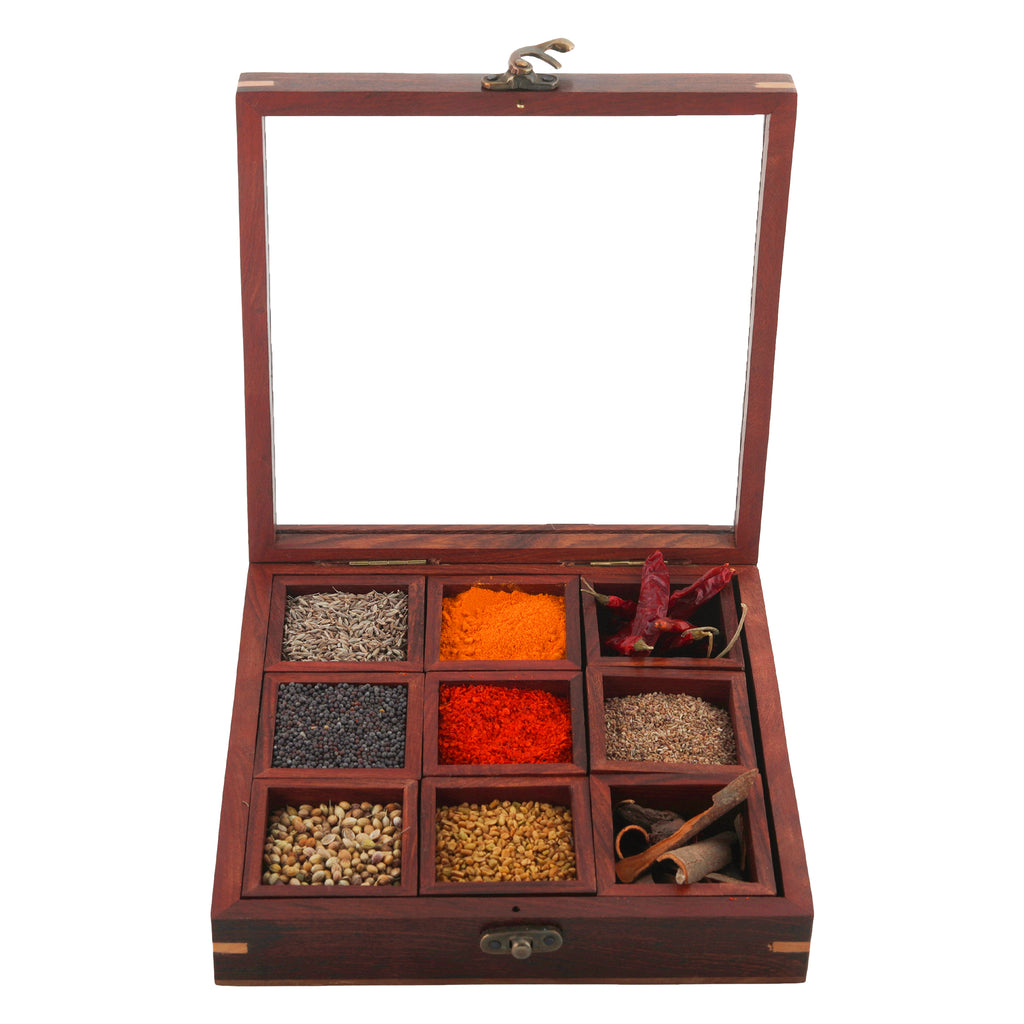 Sheesham Wooden Table Top Spice Box Masala Dabba Namak Dani with 9 Containers and Spoon with Glass Top
