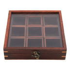 Sheesham Wooden Table Top Spice Box Masala Dabba Namak Dani with 9 Containers and Spoon with Glass Top