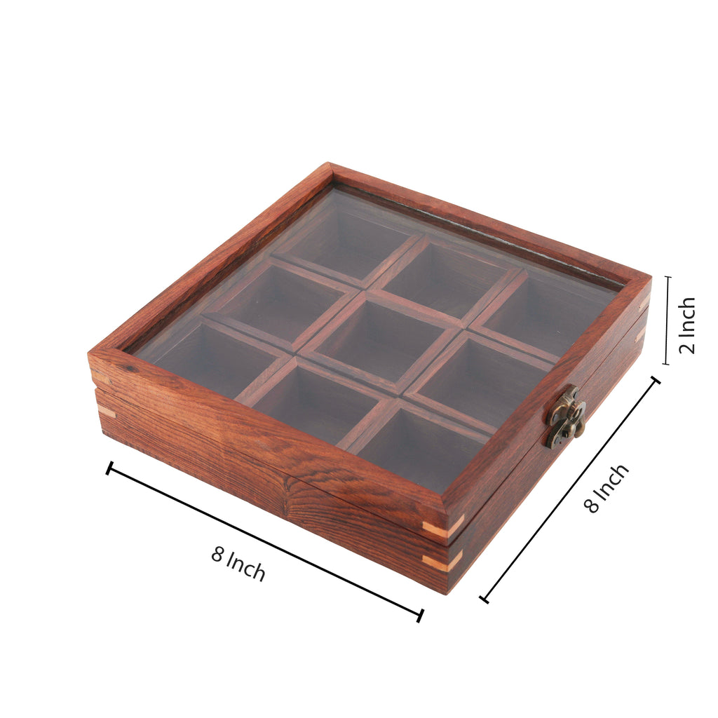 Sheesham Wooden Table Top Spice Box Masala Dabba Namak Dani with 9 Containers and Spoon with Glass Top
