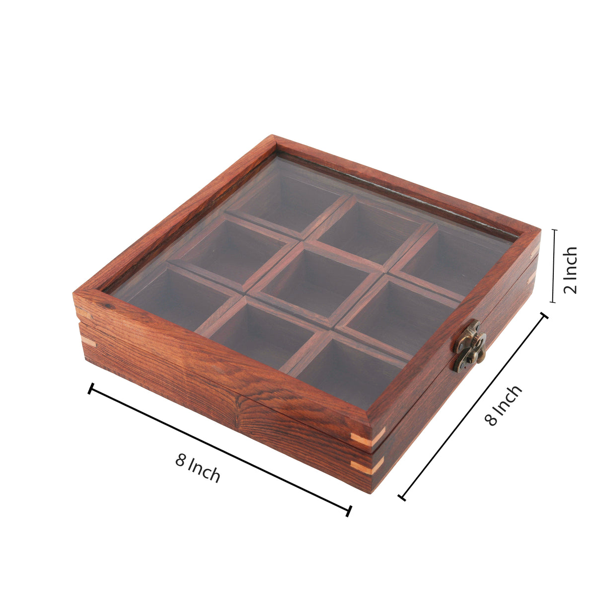 Sheesham Wooden Table Top Spice Box Masala Dabba Namak Dani with 9 Containers and Spoon with Glass Top