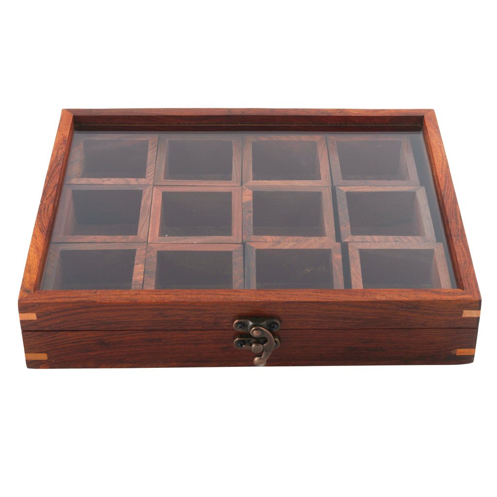 Sheesham Wood 12 Containers Spice Box with Spoon - Wooden Masala Box Set