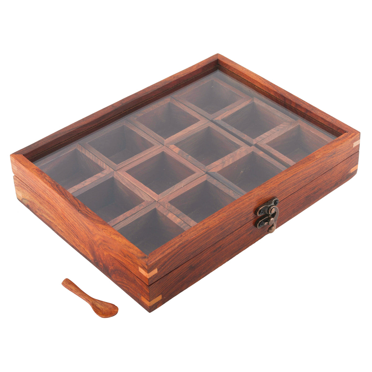 Sheesham Wood 12 Containers Spice Box with Spoon - Wooden Masala Box Set