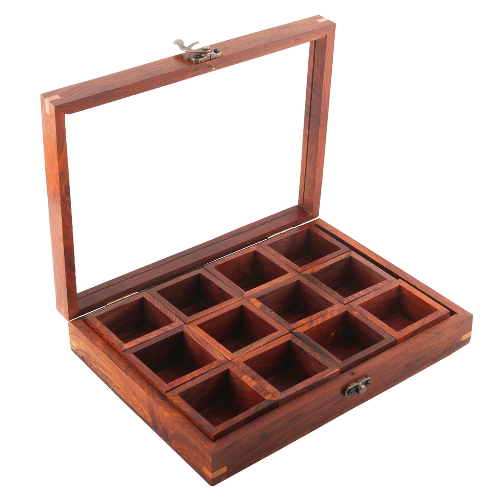 Sheesham Wood 12 Containers Spice Box with Spoon - Wooden Masala Box Set