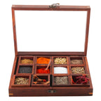 Sheesham Wood 12 Containers Spice Box with Spoon - Wooden Masala Box Set