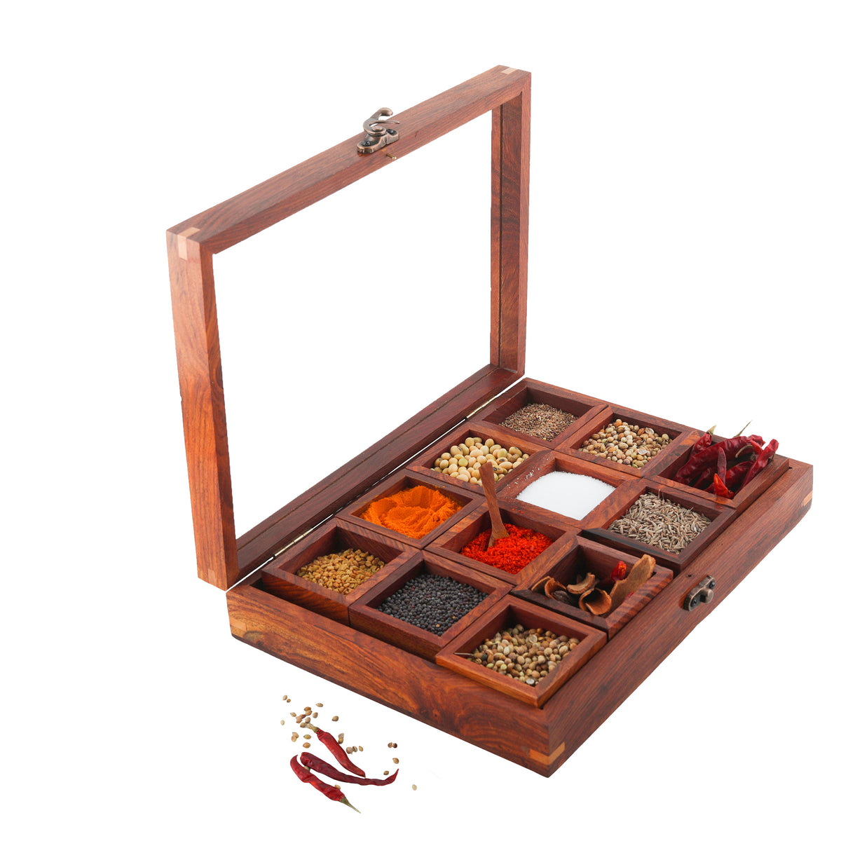 Sheesham Wood 12 Containers Spice Box with Spoon - Wooden Masala Box Set