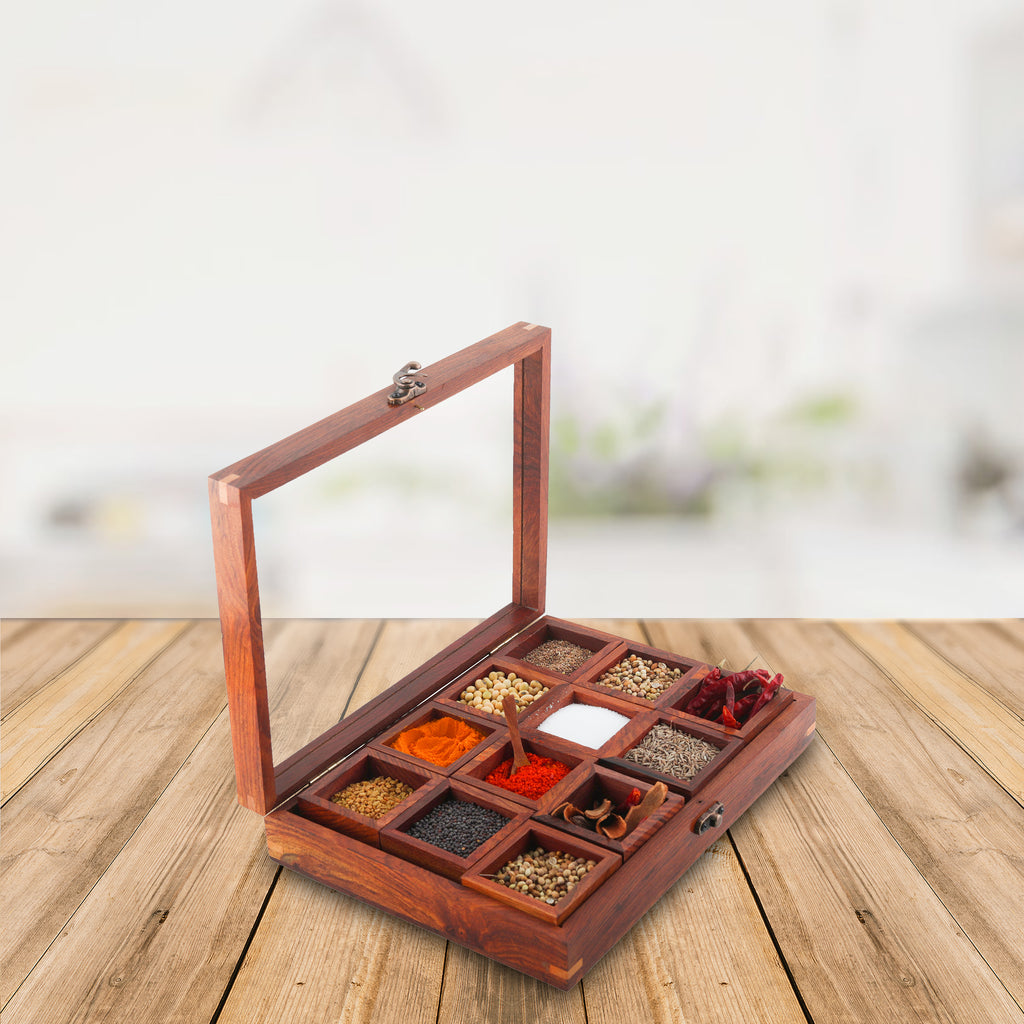 Sheesham Wood 12 Containers Spice Box with Spoon - Wooden Masala Box Set