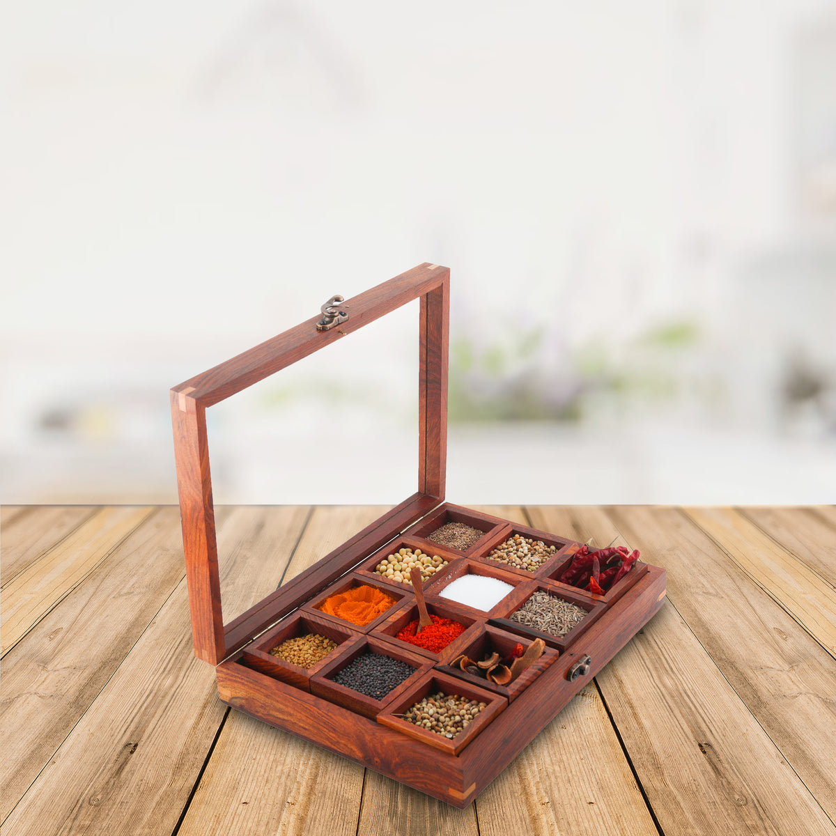 Sheesham Wood 12 Containers Spice Box with Spoon - Wooden Masala Box Set