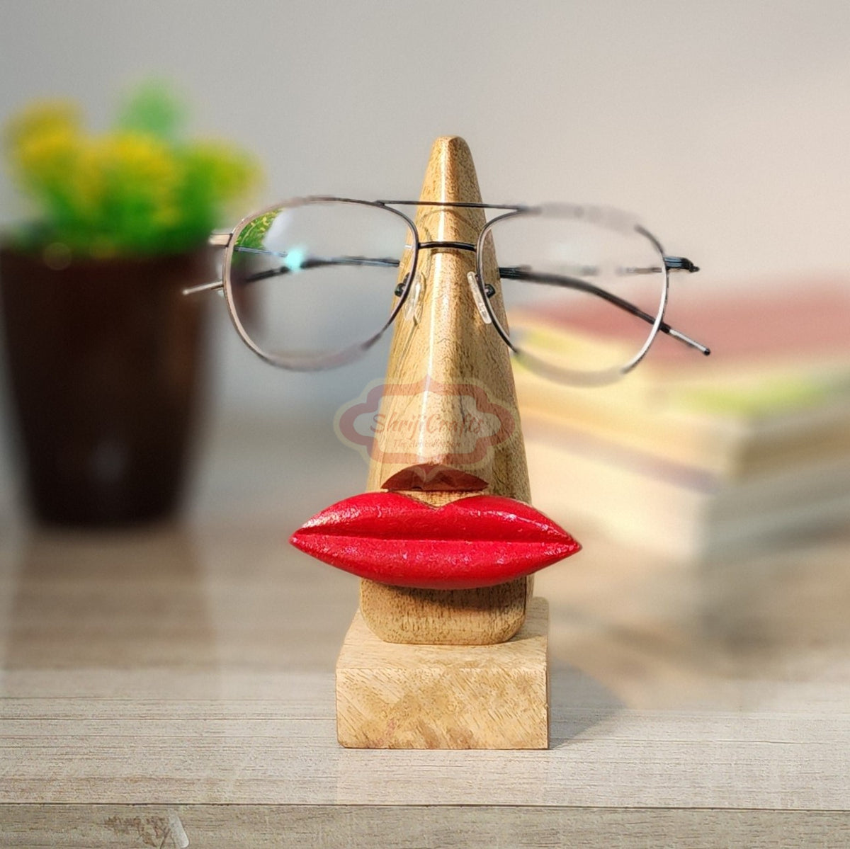 Handmade Wooden Nose Shaped Eyeglass Spectacle Holder Display Stand Home Decorative Red Lips