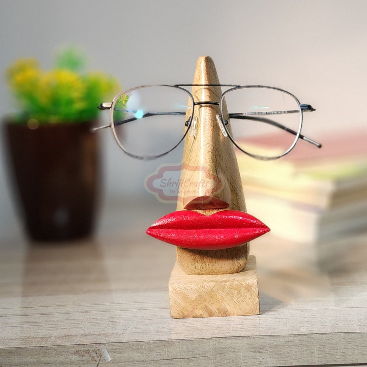 Handmade Wooden Nose Shaped Spectacle Specs Eyeglass Sunglasses Holder Stand with Black Mustache