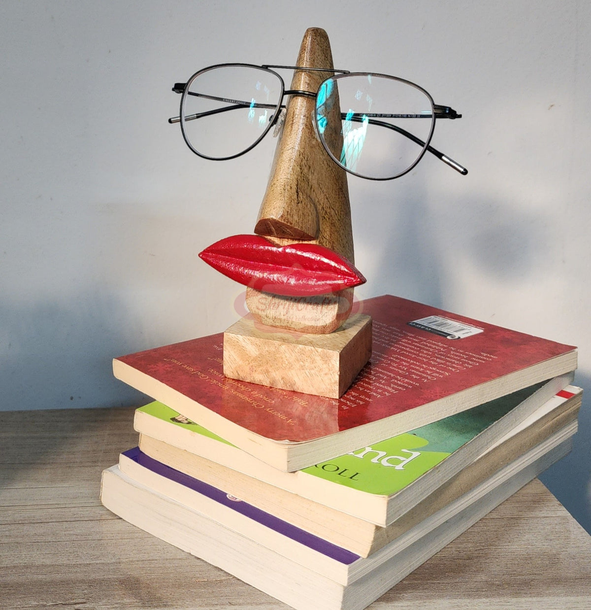 Handmade Wooden Nose Shaped Eyeglass Spectacle Holder Display Stand Home Decorative Red Lips