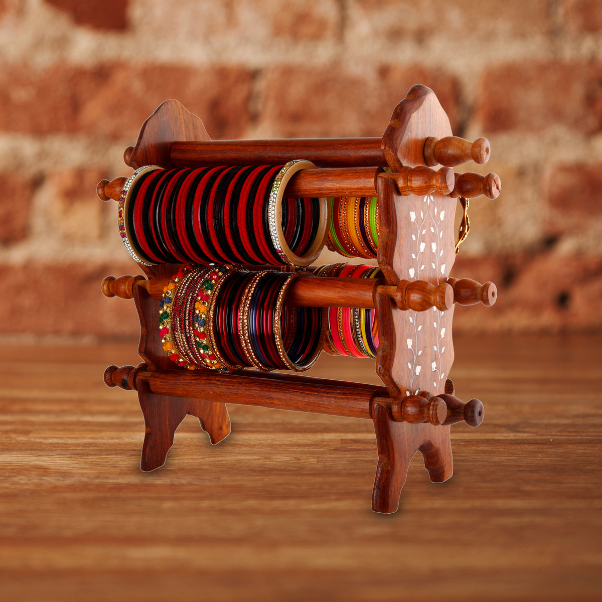 Handmade Sheesham Wood 8 Rods with 6 Holding Wooden Rods Bangle Holder Stand 13.5 x 3.5 x 12 Inches - Brown