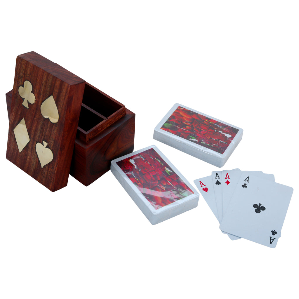 Playing Cards Set of 2 in Handmade Wooden Storage Box Case Holder in Antique Design