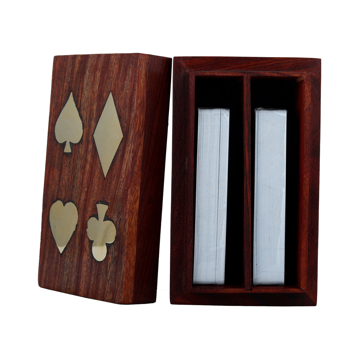 Playing Cards Set of 2 in Handmade Wooden Storage Box Case Holder in Antique Design
