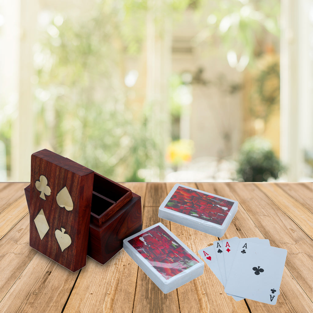 Playing Cards Set of 2 in Handmade Wooden Storage Box Case Holder in Antique Design