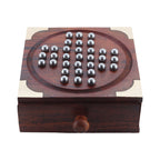 Handmade Indian Wooden Solitaire Board Game with Metal Steel Balls