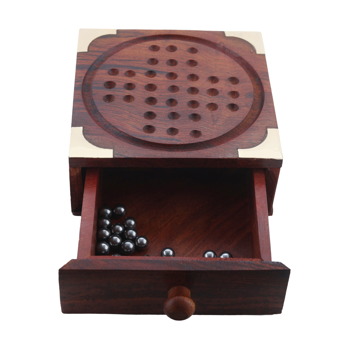 Handmade Indian Wooden Solitaire Board Game with Metal Steel Balls
