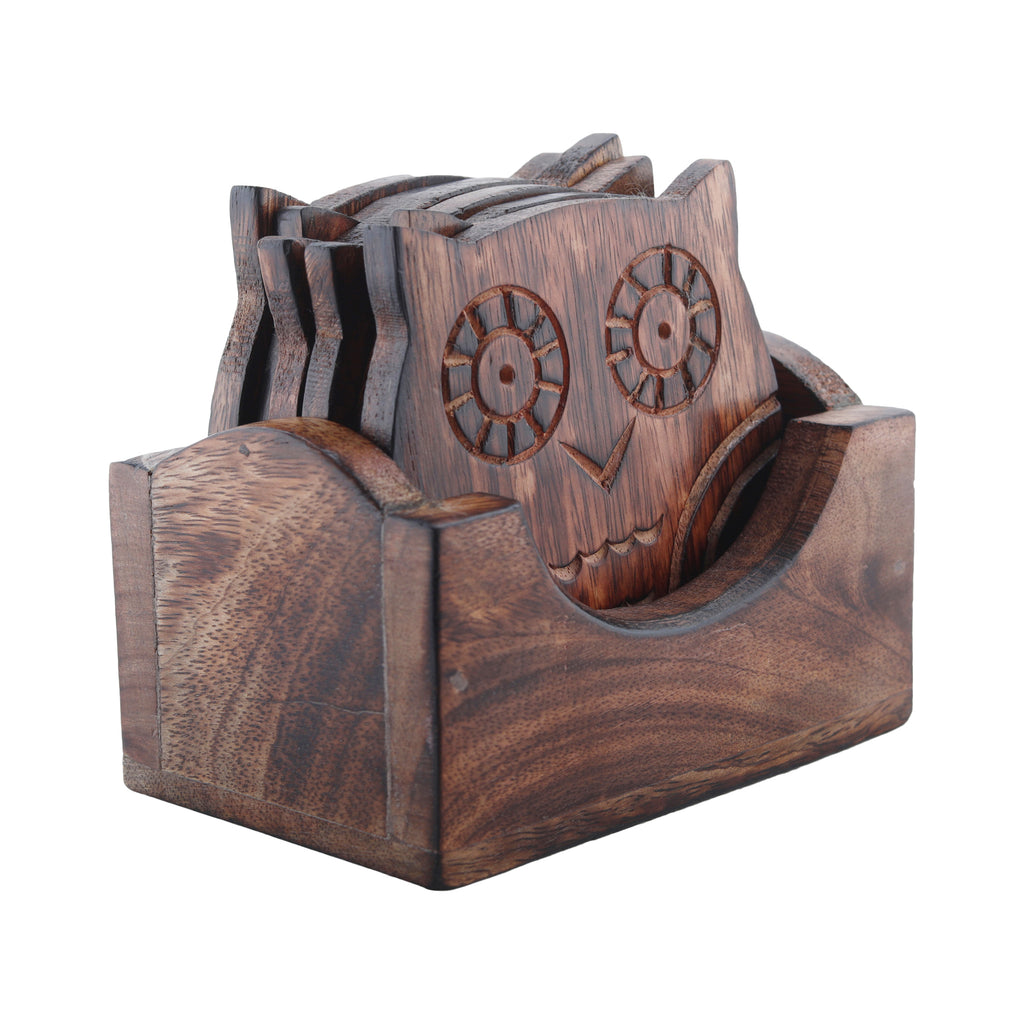 Wooden Crafted Coaster Set Of 6 With Coasters Holder (Owl Shape)