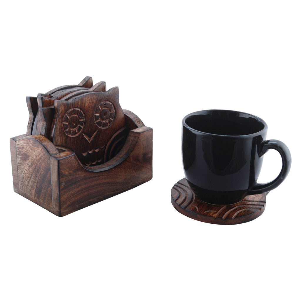 Wooden Crafted Coaster Set Of 6 With Coasters Holder (Owl Shape)