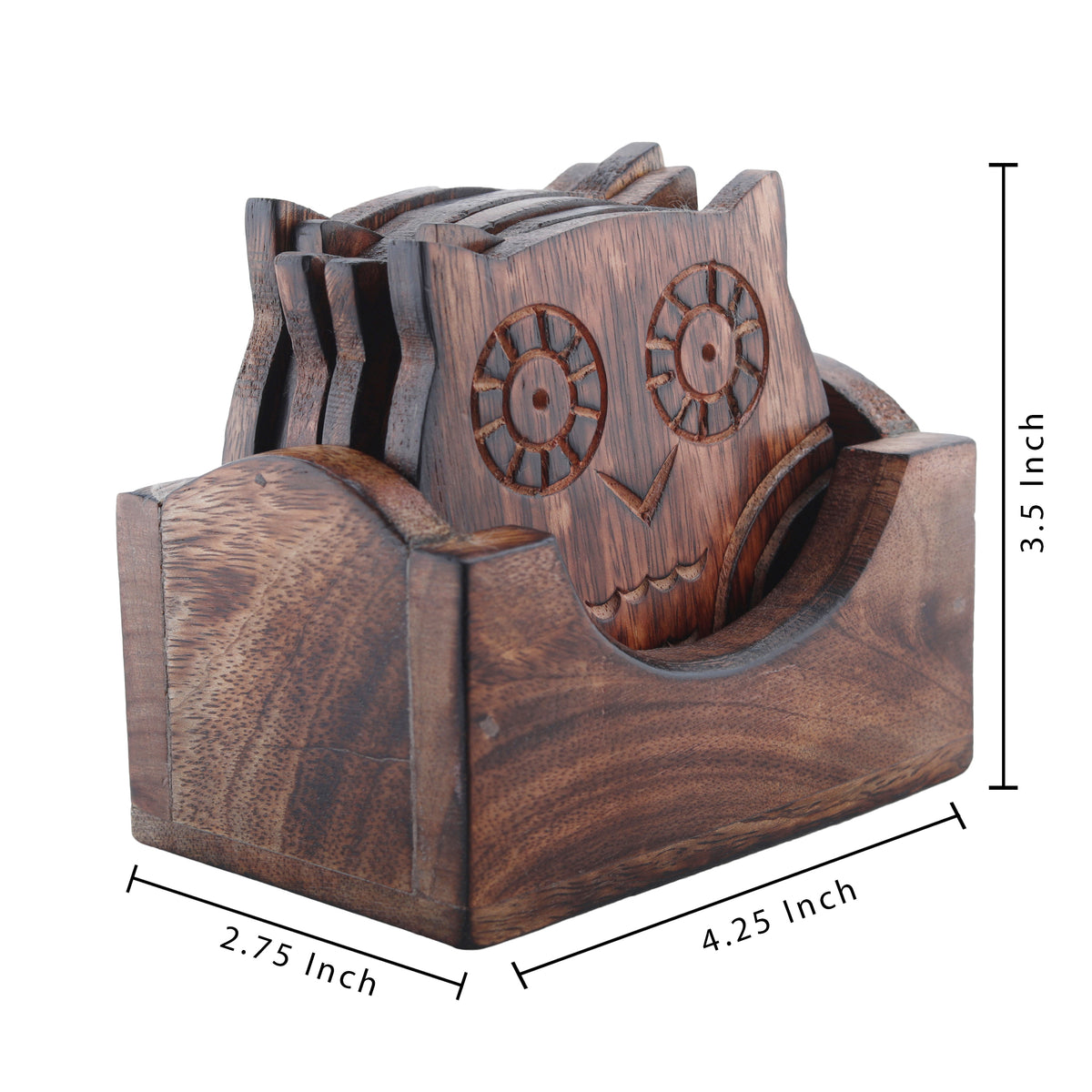 Wooden Crafted Coaster Set Of 6 With Coasters Holder (Owl Shape)