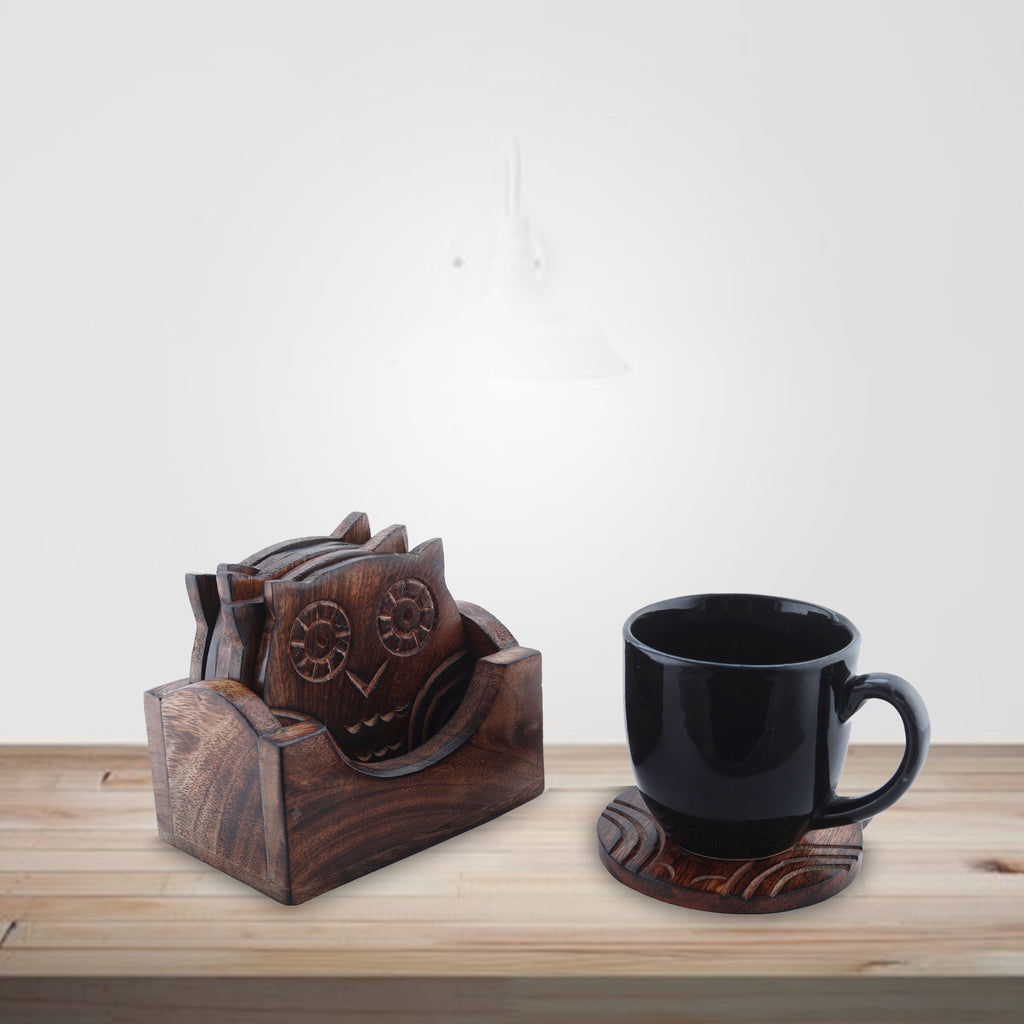 Wooden Crafted Coaster Set Of 6 With Coasters Holder (Owl Shape)