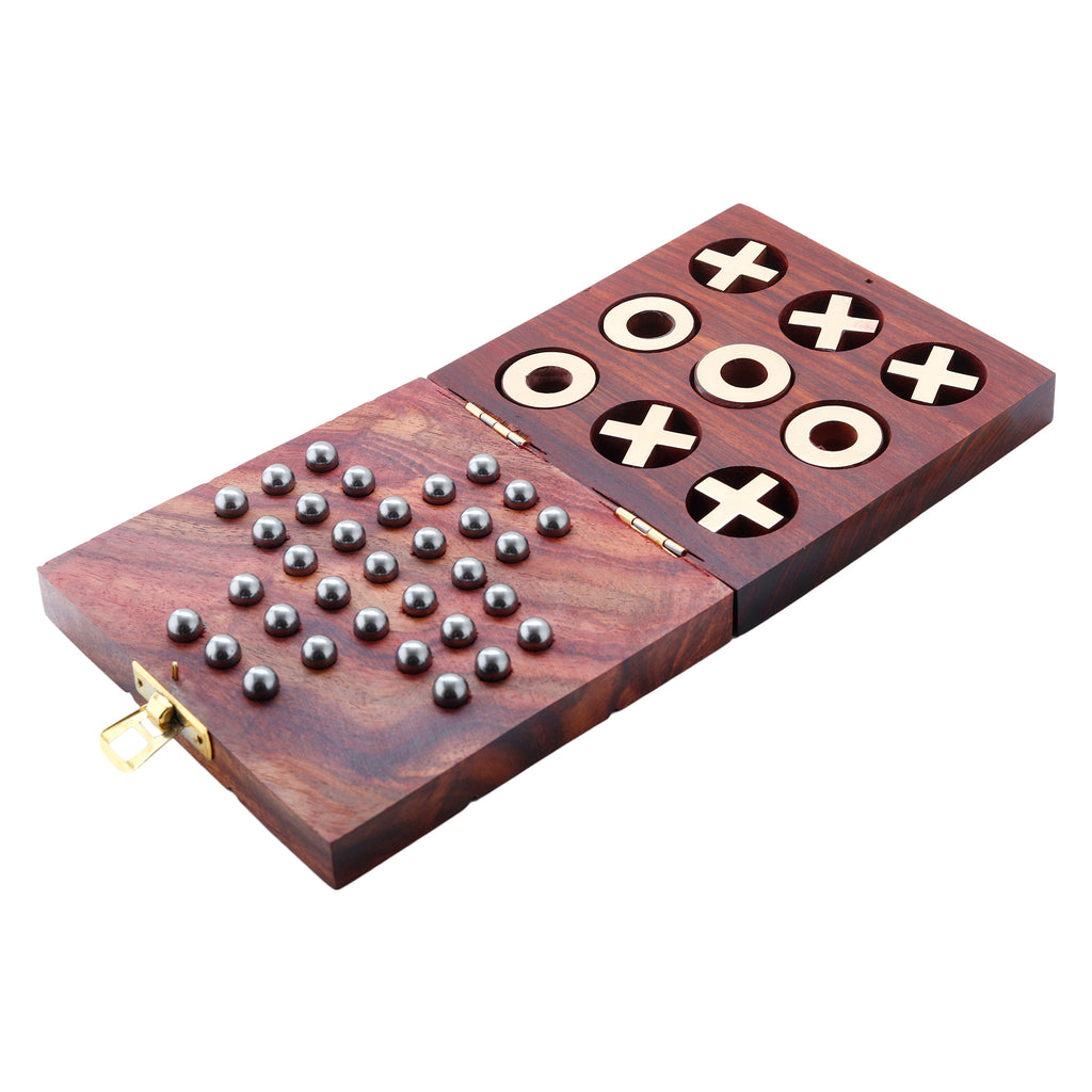Wooden Tic Tac Toe and Solitaire Board Game Noughts and Crosses Tic Tac Toe Solitaire 2-in-1 Travel Board Game