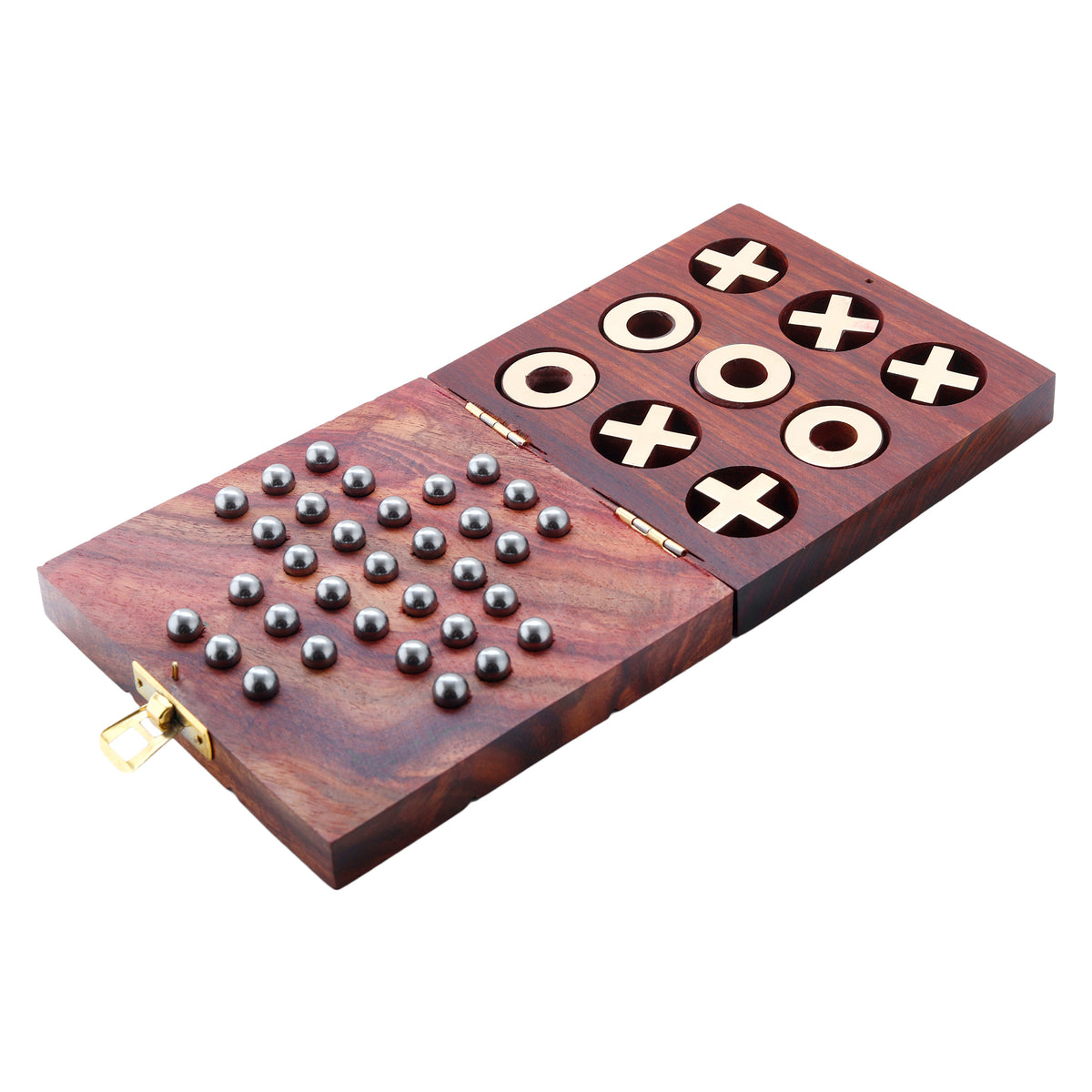 Wooden Tic Tac Toe and Solitaire Board Game Noughts and Crosses Tic Tac Toe Solitaire 2-in-1 Travel Board Game