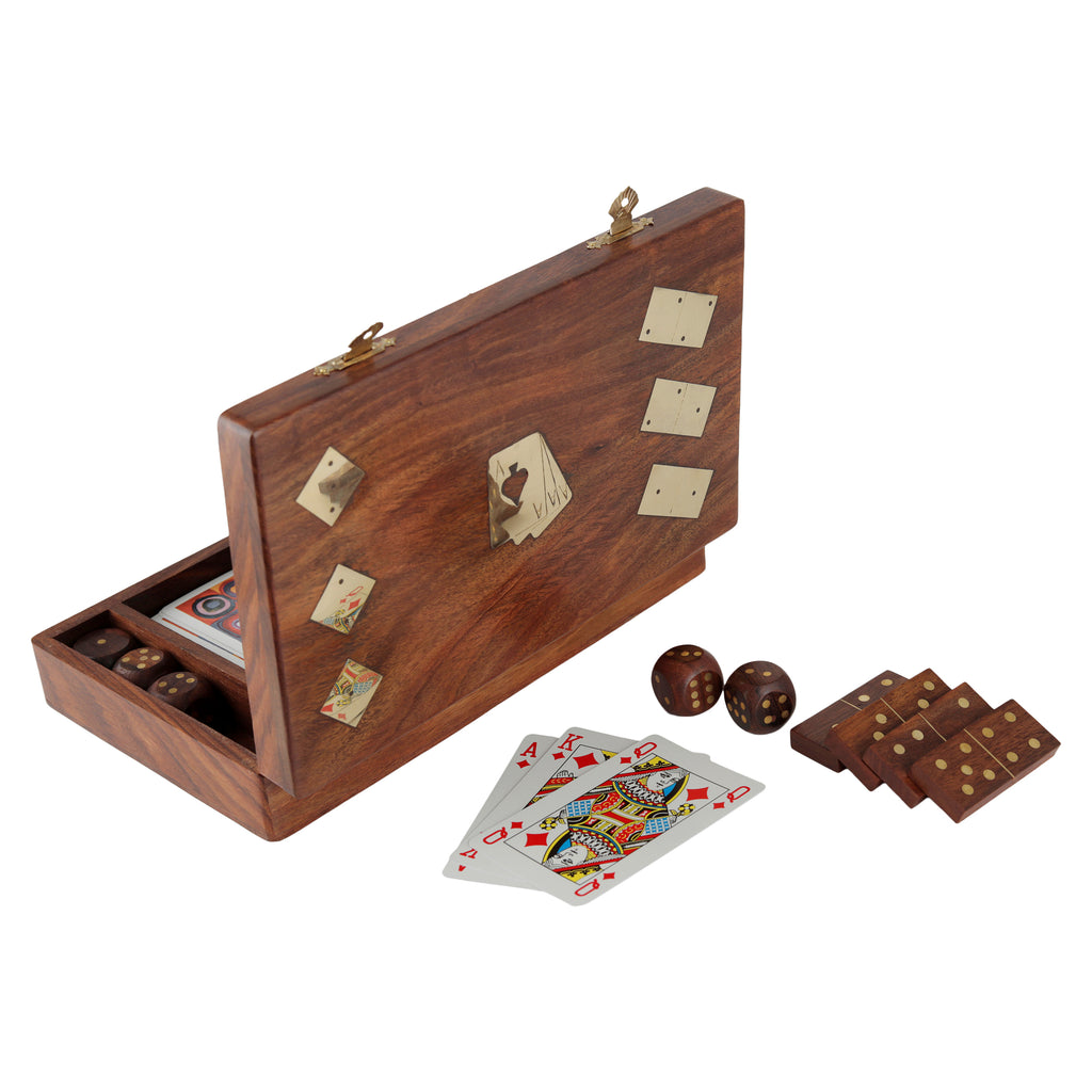 Wooden Playing Card Box with 5 Dice & 28 Dominoes Tiles Game Set Deck Pack Case Holder Storage Accessories Organizer with Playing Card