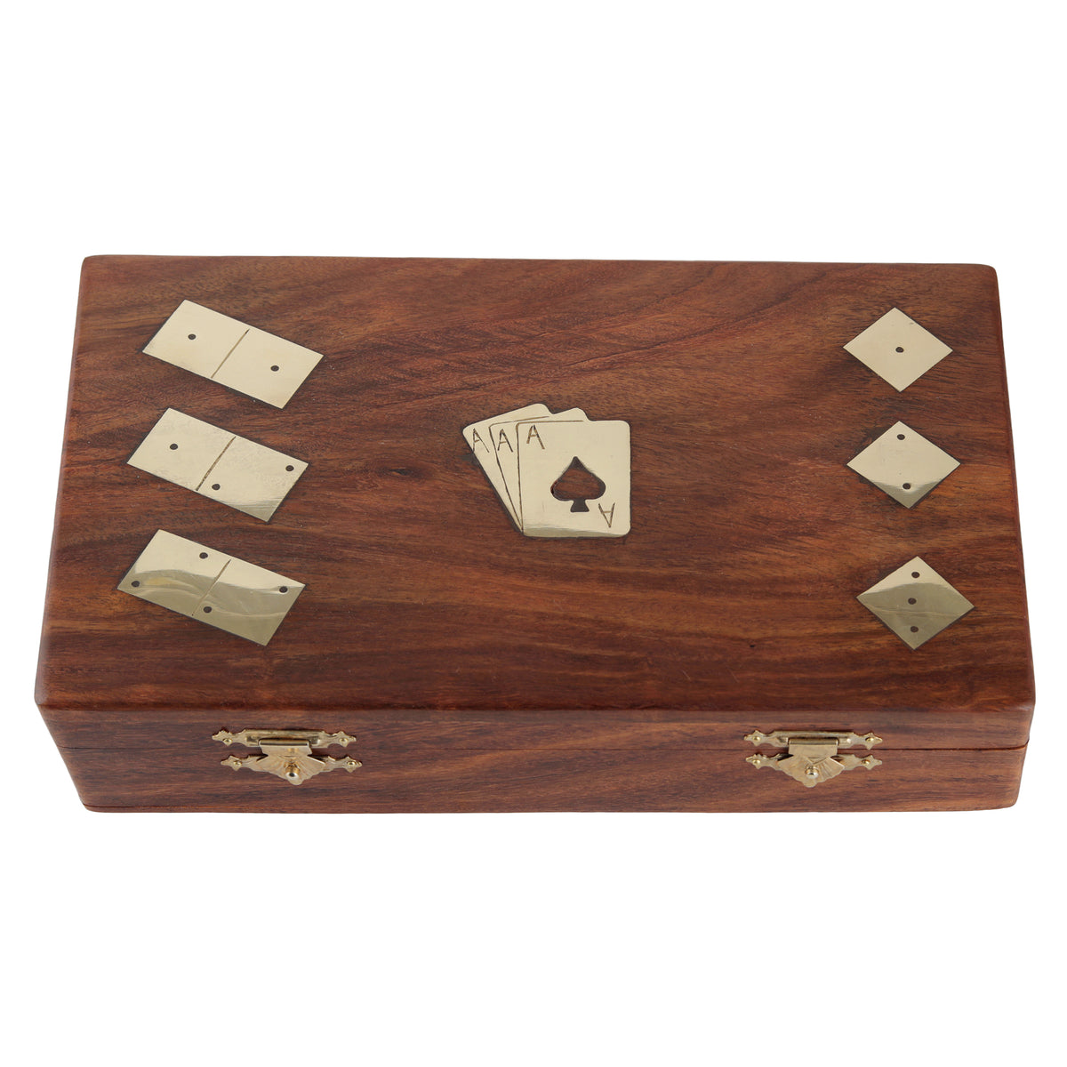 Wooden Playing Card Box with 5 Dice & 28 Dominoes Tiles Game Set Deck Pack Case Holder Storage Accessories Organizer with Playing Card
