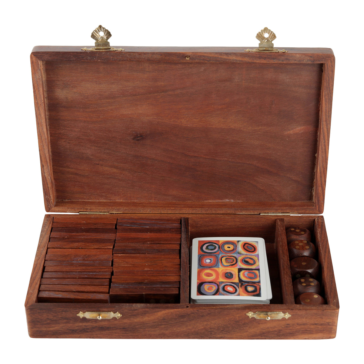 Wooden Playing Card Box with 5 Dice & 28 Dominoes Tiles Game Set Deck Pack Case Holder Storage Accessories Organizer with Playing Card