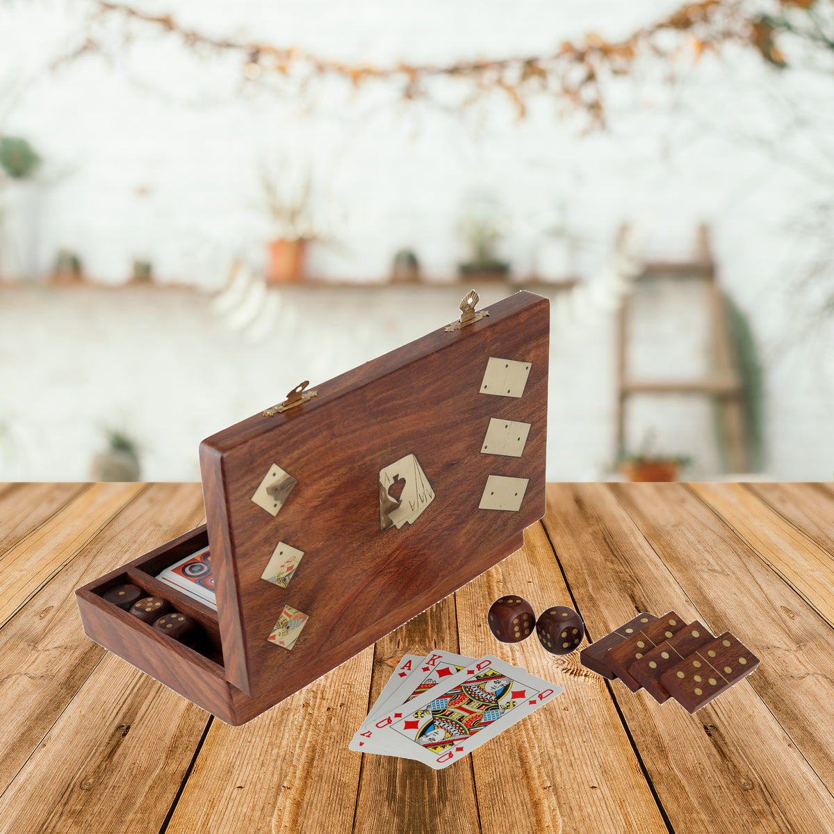 Wooden Playing Card Box with 5 Dice & 28 Dominoes Tiles Game Set Deck Pack Case Holder Storage Accessories Organizer with Playing Card