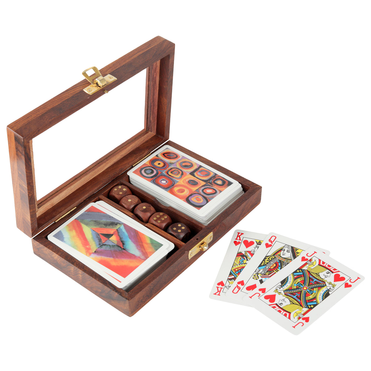 Playing Cards Set of 2 in Handmade Wooden Storage Box Case Holder with 5 dice