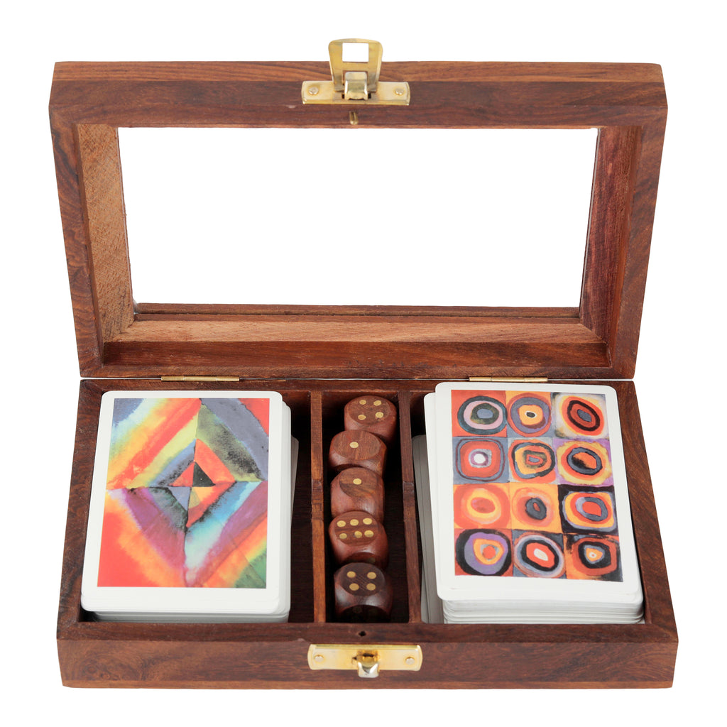 Playing Cards Set of 2 in Handmade Wooden Storage Box Case Holder with 5 dice