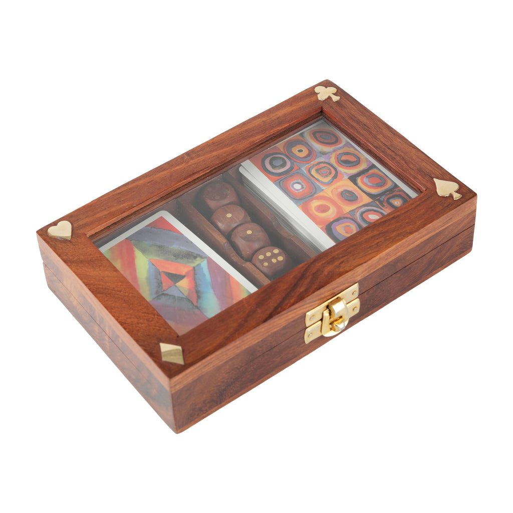 Playing Cards Set of 2 in Handmade Wooden Storage Box Case Holder with 5 dice