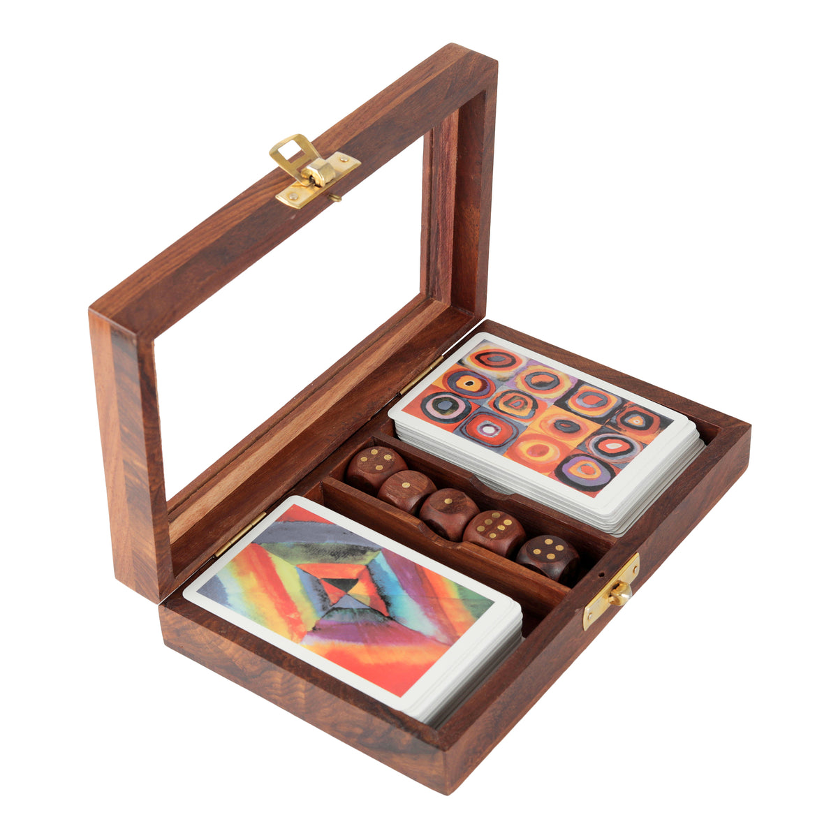 Playing Cards Set of 2 in Handmade Wooden Storage Box Case Holder with 5 dice