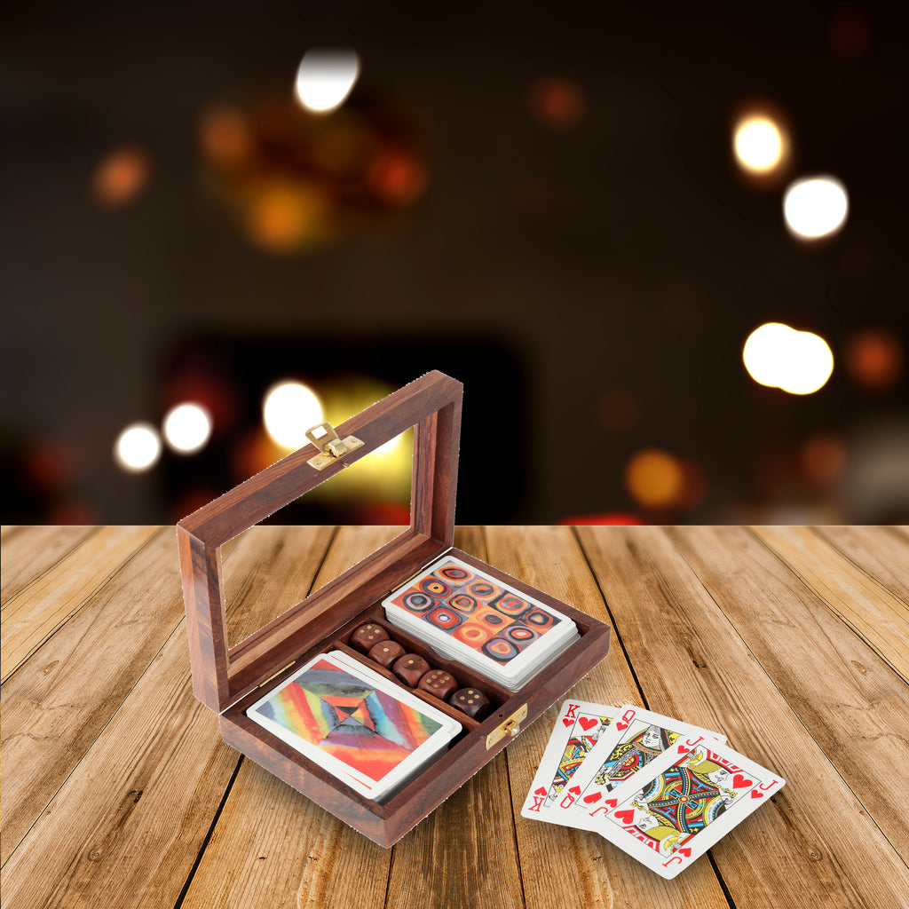 Playing Cards Set of 2 in Handmade Wooden Storage Box Case Holder with 5 dice