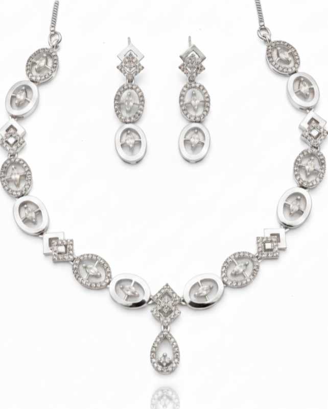 Rhodium Geometric Oval Set