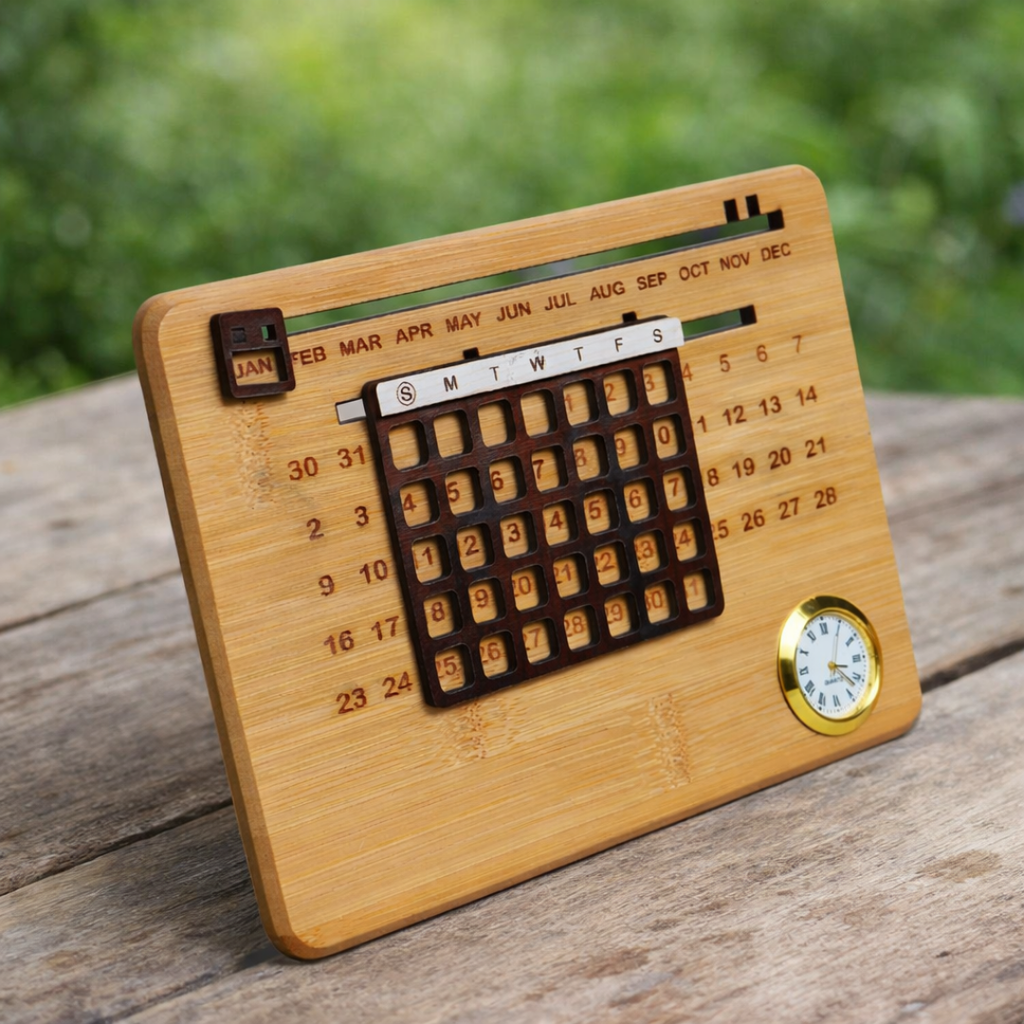 Reusable Bamboo Perpetual Calendar with Clock for Desk – Sustainable & Elegant Office Decor