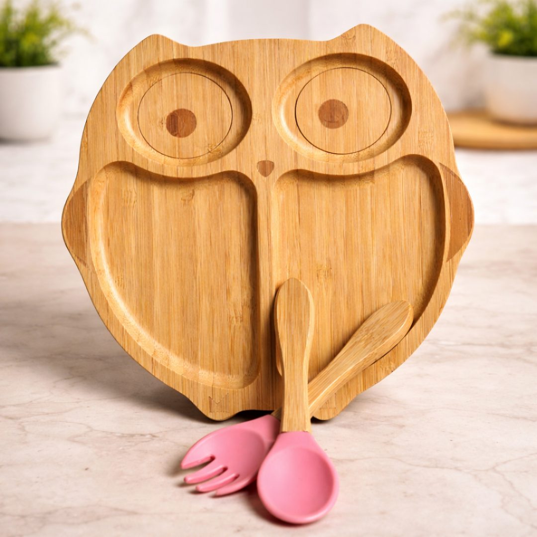 Owl Shape Bamboo Feeding Plate with Fork & Spoon - Festive Gifting The Bamboo Bae