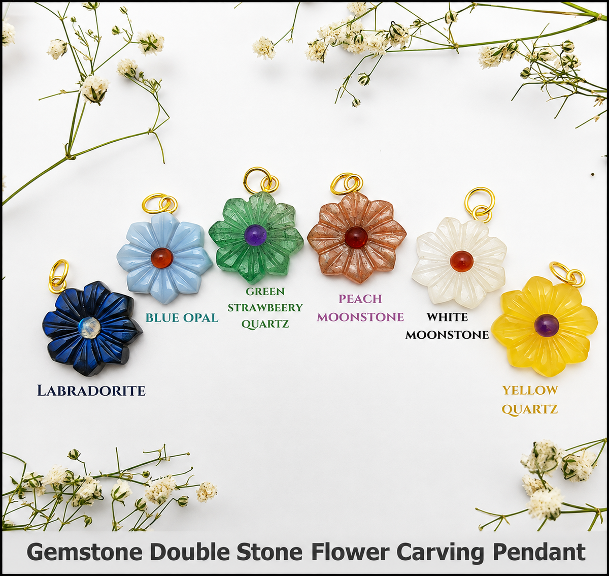 Gemstone Double Stone Flower Carving Pendant