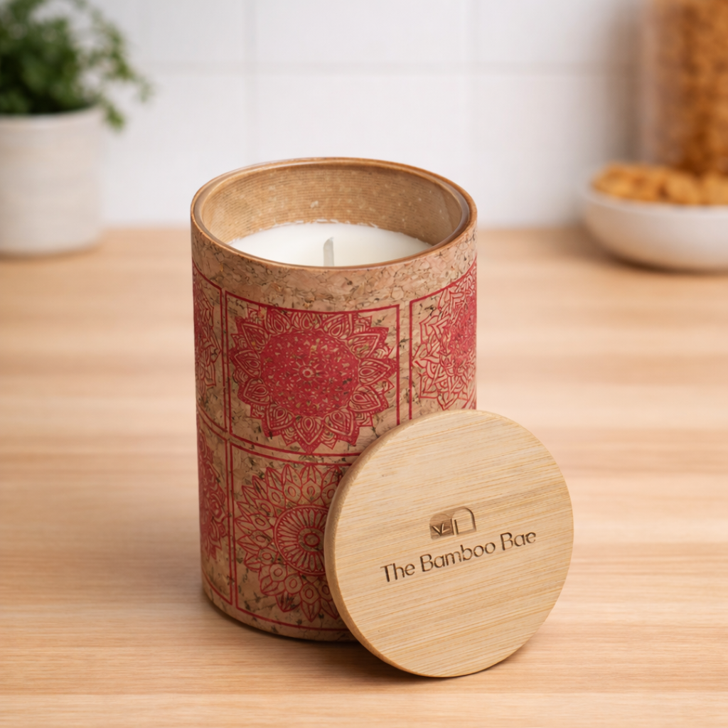 Mandala Cork Soy Wax Candle with Bamboo Lid | Eco-Friendly Aromatherapy Home Décor Candle