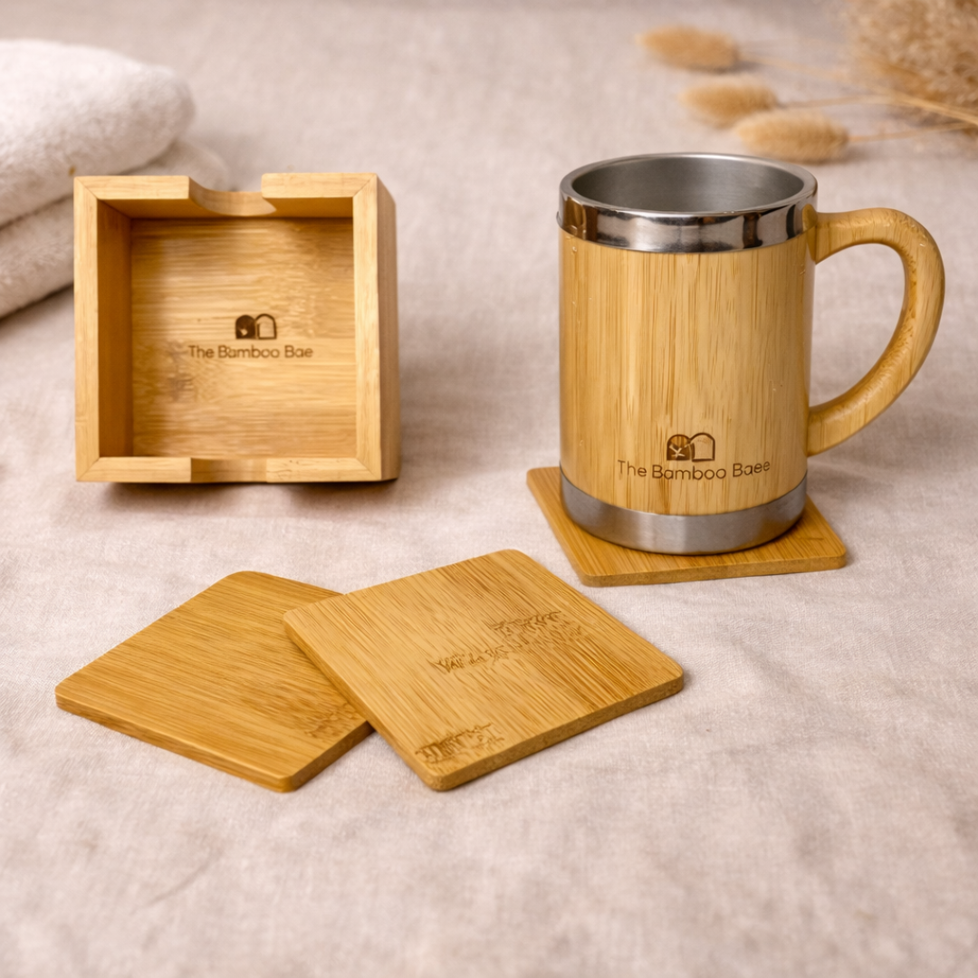 Bamboo Coaster Set with Holder | Natural Wooden Tea & Coffee Coasters (Reusable & Eco-Friendly)